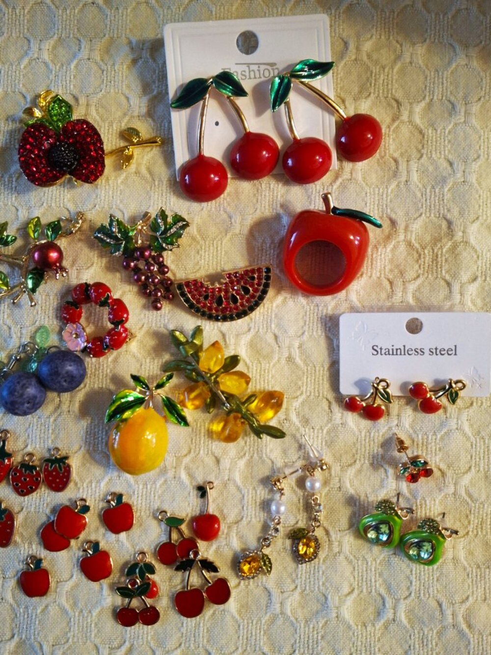 Fruit Salad Destash Lot of Fun Fruity Jewelry Brooches Earrings Necklaces Charms